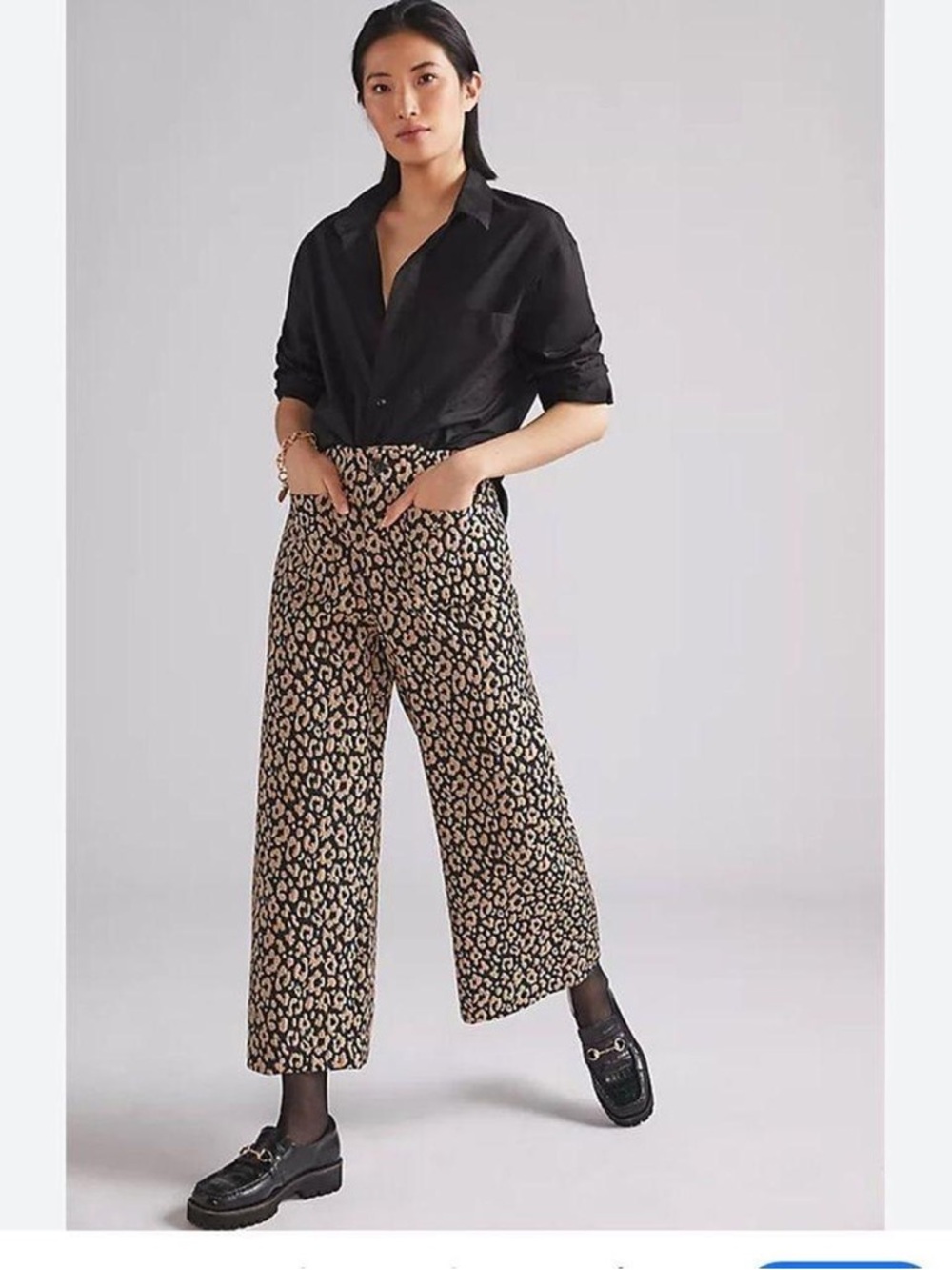 Maeve Leopard-Print Wide Leg Pants in Black and Tan Size 8